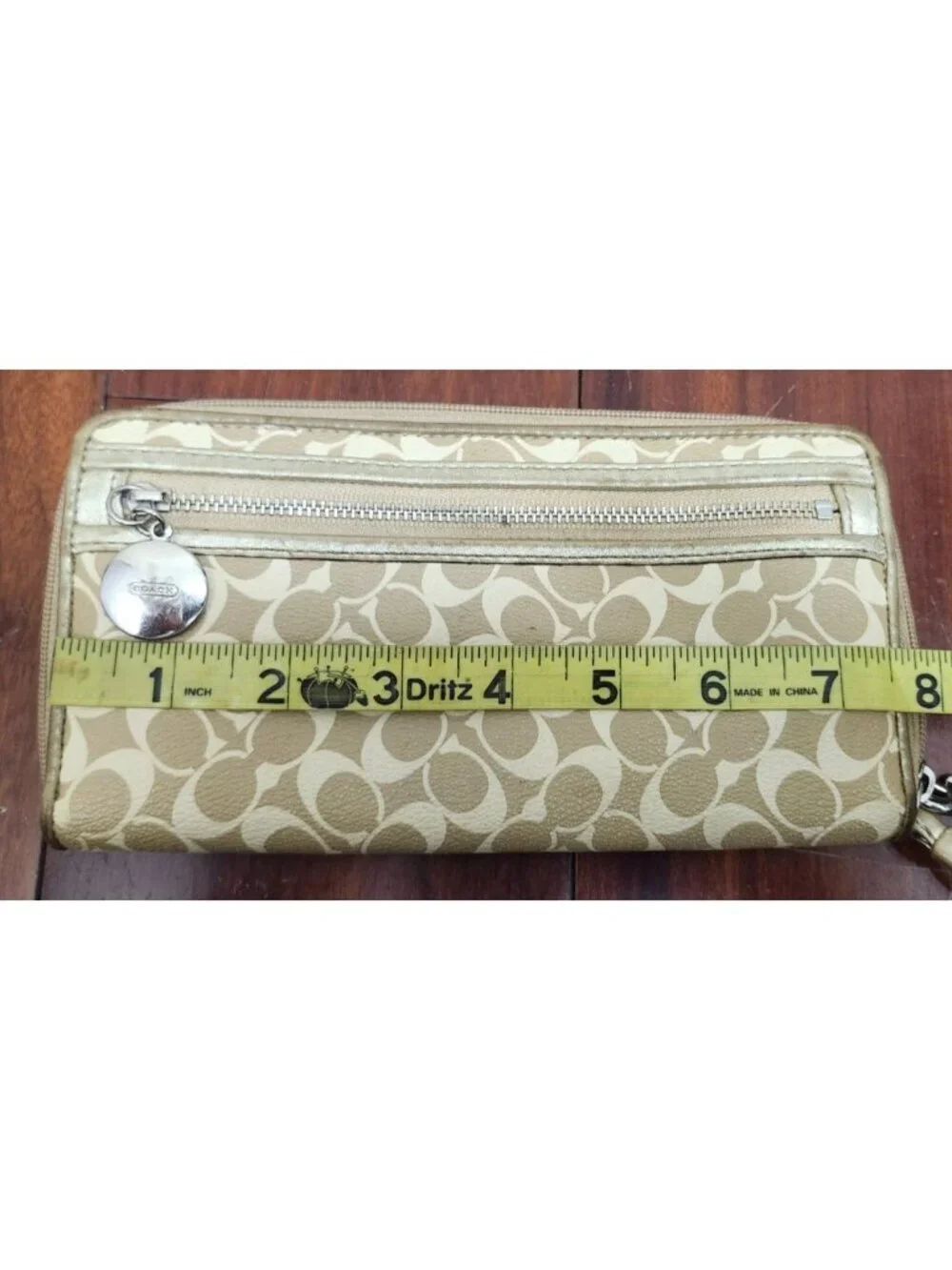 Vintage Coach Signature Zip Around Wristlet Wallet Beige Gold Monogram Clutch
